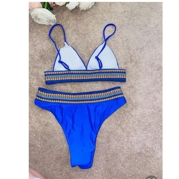 Women's Blue Triangle Bikini Set w/ Contrasts Trim Size M High-Waisted - Picture 7 of 13
